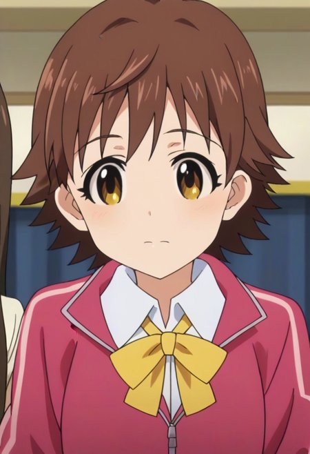 best quality, masterpiece, anime screencap, anime coloring, 1girl, solo, <lora:mio-imascgPDXL:0.8>, mio honda, short hair, white collared shirt, yellow bowtie, pink track jacket,brown eyes,brown hair,