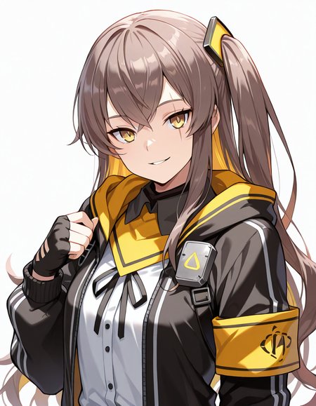 Volumetric Lighting, (masterpiece), (best quality), (ultra-detailed), masterpiece, source_anime, score_9, score_8_up, score_7_up BREAK, illustration, disheveled hair, detailed eyes, perfect composition, moist skin, intricate details, detailed eyes, detailed face, detailed fingers BREAK, UMP45, brown hair, long hair, one side up, yellow eyes, scar across eye BREAK, UMP45def, def_hair_ornament, def_scarf, def_hooded_jacket, def_shirt, def_fingerless_gloves, def_neck_ribbon, def_armband, BREAK, ((white background)), looking at viewer, smile, closed mouth, standing, upper body, face focused, parted lips
