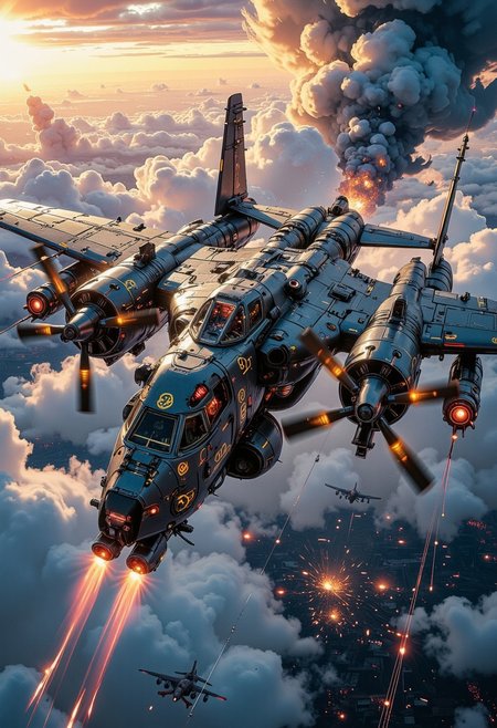 A hyper-detailed, wide-view, high-angle shot captures a breathtaking futuristic sci-fi cinematic scene. The dramatic sunny sky forms the backdrop, with swirling, dark clouds illuminated by streaks of lightning. Below, a colossal, double-body heavy aircraft dominates the scene, wandering through, its immense silhouette cutting effortlessly through the tempestuous atmosphere.
The plane, a fusion of grimdark aesthetics and futuristic design, boasts twin propellers on each body’s front, their spinning arcs carving through the clouds. Forged from dark gunmetal alloy, the twin fuselages glisten faintly under the sporadic flashes of lightning, their surfaces adorned with intricate golden runes and glowing cybernetic lines that pulsate with ethereal energy. Massive wings, equipped with engines and weaponry, stretch outward, embodying power and mechanical precision.
The high-angle perspective highlights the aircraft’s imposing size and intricate mechanical details. Guns protrude from reinforced turrets, their presence adding a menacing tone to the scene. The cloudy expanse, layered with cinematic lighting and rich atmospheric depth, emphasizes the lonely journey of this grim mechanical behemoth. Rendered in ultra-realistic 32k resolution, this masterful digital artwork blends technological artistry with the haunting beauty of a storm-battered sky, evoking awe and wonder.