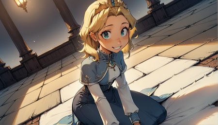score_9, score_8_up, score_7_up, 1girl, dutch angle, blonde straight hair, tattoo, looking at viewer, smiling, sly, coy, tiara, capelet, kneeling, rating_safe
