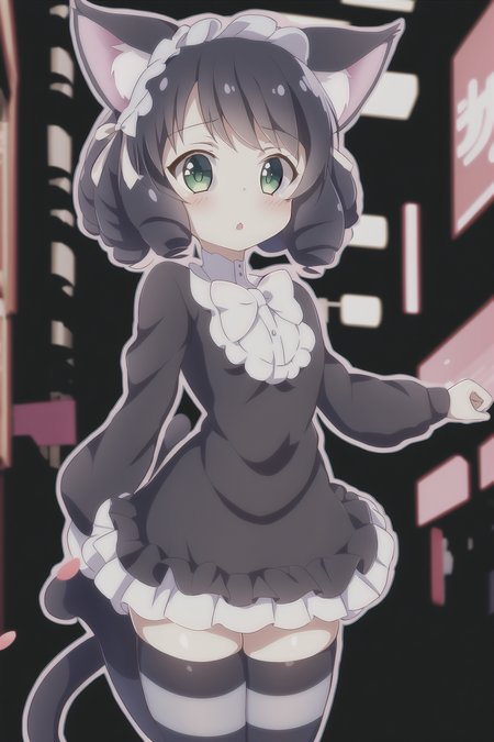 1girl, show_by_rock, cat ears, short black hair, street background, striped stockings, cat tail, dress, green eyes, curly hair, curls