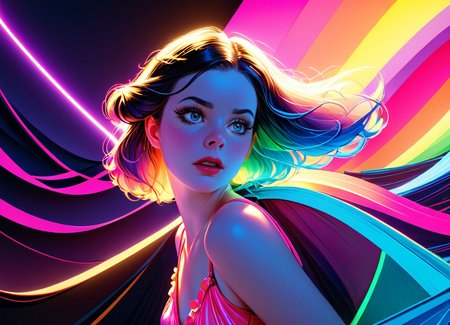 (Pixar:1.4) ombre color scheme of neon pink, blue, orange, yellow, green and white, anime artwork, grand photograph, Polaroid, surprised (34-year-old woman:1.1), glowing hair, canon 5d mark 4, neon light, kodak ektar, feminate and alluring, pastel colors, curved lines, elaborate detail, art by jc leyendecker . retro aesthetic, cyberpunk, vibrant, neon colors, ((vintage 80s and 90s dress styles)), highly detailed  <lora:P3NGU1Nstyle_epoch_6:0.6>   <lora:ip-adapter-faceid_sdxl_lora:1> <lora:add-detail-xl:1> <lora:MJ52:0.4> <lora:sss:0.8>, subsurface scattering, Photorealistic, Hyperrealistic, analog style, realistic, film photography, soft lighting, heavy shadow