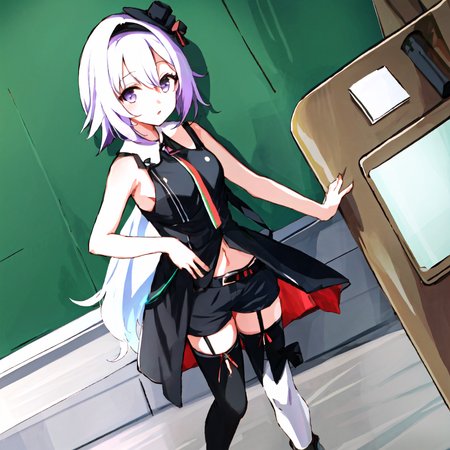 carro pino,solo,1girl,<lora:carro pino:1.0>,hot pants,garter,ruffled skirt,tie,hat