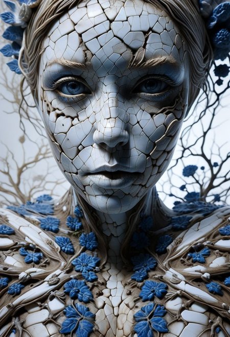Close-up porcelain face, mysterious silhouette of a porcelain woman in worn down porcelain clothing, white and blue porcelain, alluring goddess, by Minjae Lee, Carne Griffiths, Emily Kell, Steve McCurry, Geoffroy Thoorens, Aaron Horkey, Jordan Grimmer, Greg Rutkowski, amazing depth, double exposure, surreal, geometric patterns, intricately detailed, bokeh,  perfect balanced, deep fine borders, artistic photorealism , smooth,  great masterwork by Suiras  <lora:add-detail-xl:2>  <lora:Double_Exposure:0.5>