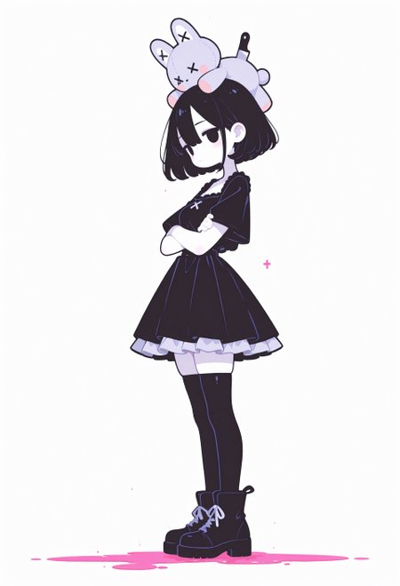 incredibly absurdres, highres, masterpiece, newest,best quality, very aesthetic, absurdres, newest, 8k, HDR, focused subject, oc-chan_(ketopon), 1girl, solo, black hair, bob cut, hair between eyes, black eyes, solid eyes, expressionless, standing, head down, from side, profile, foreshortening, looking at viewer, crossed arms, pale skin, goth fashion, frilled dress, square neckline, black thighhighs, zettai ryouiki, ankle boots, stuffed animal with knife in head, x x, death, pink blood puddle, full body, monochrome, solid white background, no lineart, no outline,minimalism, blending, 15546+456868, r17329_illu,flatline,sometyome_illu,