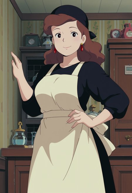 1girl,solo,mm,mature female,brown hair,long hair,earrrings,hat,anime coloring,
,apron,dress,cowboy shot, hand on own hip, looking at viewer, smile,indoors
,masterpiece,best quality,amazing quality,<lora:Kokiri-Kikis_Delivery_Service_ix:0.8>