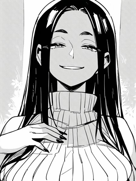 score_9, score_8_up, score_7_up,  
1girl,  monochrome, Kanako ee, black hair, long hair, large breasts, 

smile, narrowed eyes, naughty face, looking at viewer, white sweater, turtleneck, sleeveless, upper body, hand on own chest, black nails,