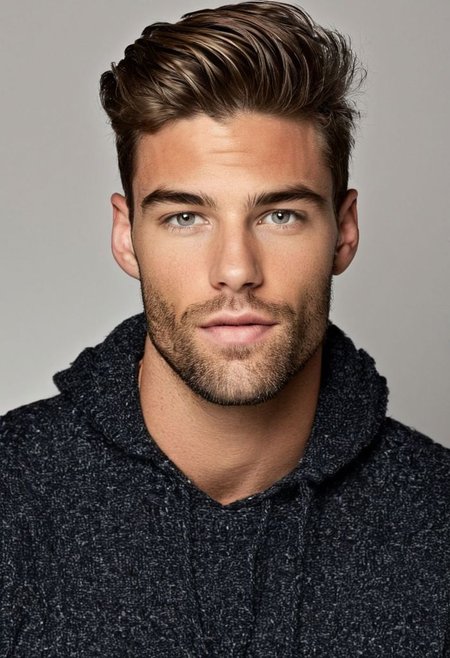 insanely attractive 31 years old male model posing for camera, looking at viewer