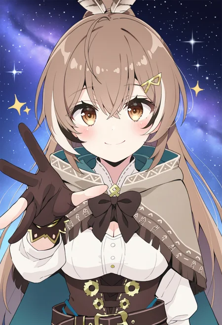 masterpiece,best quality,amazing quality,
1girl, nanashi mumei, virtual youtuber, hair ornament, feathers, brown hair, feather hair ornament, gloves, long hair, ponytail, reaching towards viewer, belt, shirt, cloak, corset, brown eyes, multicolored hair, white shirt, ahoge, smile, solo, looking at viewer, very long hair, streaked hair, bangs, hairclip, cape, brown cloak, ribbon, brown capelet, skirt, brown corset, partially fingerless gloves, red skirt, capelet, star (sky), sparkle,
 <lora:Saeki Tatsuya_epoch_9:1>