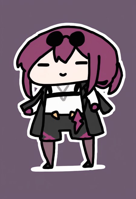 chibi, masterpiece, best quality, <break> full body, solo, 1girl, kafka \(honkai: star rail\), honkai: star rail, smile, standing, purple hair, eyewear on head, black jacket, white shirt, purple gloves, high-waist shorts, pantyhose
