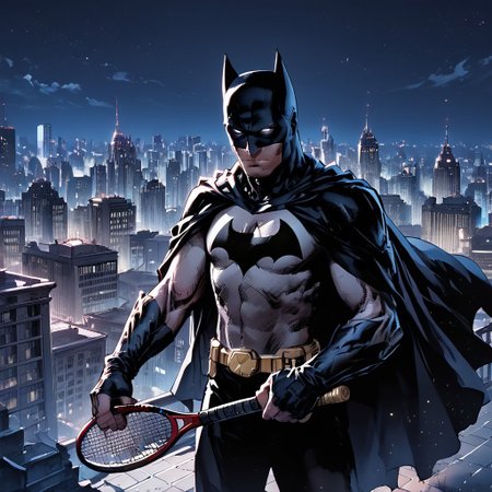 score_9, score_8_up, score_8,masterpiece,detailed,,1boy,batman,rooftop,city skyline,cape,cowl,white eyes,bat symbol on chest,night,holding a tennis racket