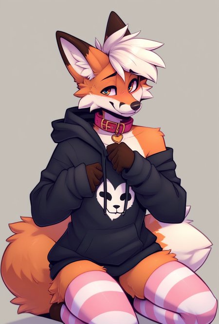 femboy fox, collar, striped stockings, hoodie, exposed shoulder, zPDXL  <lora:Femboy-000003:1>