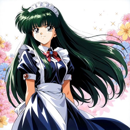 <lora:RC_masou_shizukaXLanimagine001:0.8>,
masterpiece,high score,great score,absurdres,
flower background,glitter,
smile,
looking at viewer,
solo,
anime coloring,retro artstyle,1990s (style),
masou_shizuka\(rance_series\),1girl,green hair,long hair,black grey eyes,
cowboy shot,standing,
maid,