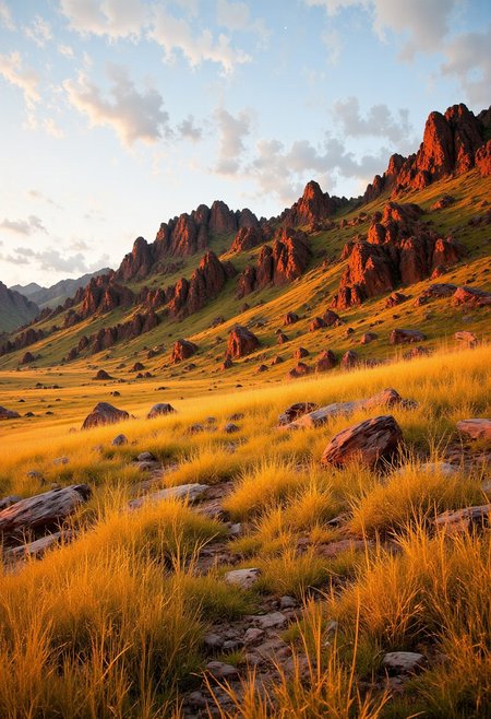 South Dakota Badlands Prairie – Rugged & Vast
"An untouched prairie landscape in South Dakota, where golden grasses meet the rugged formations of the Badlands. The warm evening light casts long shadows over the rolling hills, highlighting the deep ochre and rusty red tones of the rock formations. A soft breeze rustles through the grass, adding movement to the serene and timeless scene."