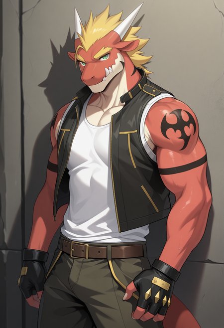 masterpiece, best quality, amazing quality, solo, 1boy, DelgaMN, sleeveless jacket, white tank top, tattoo, pants, fingerless gloves