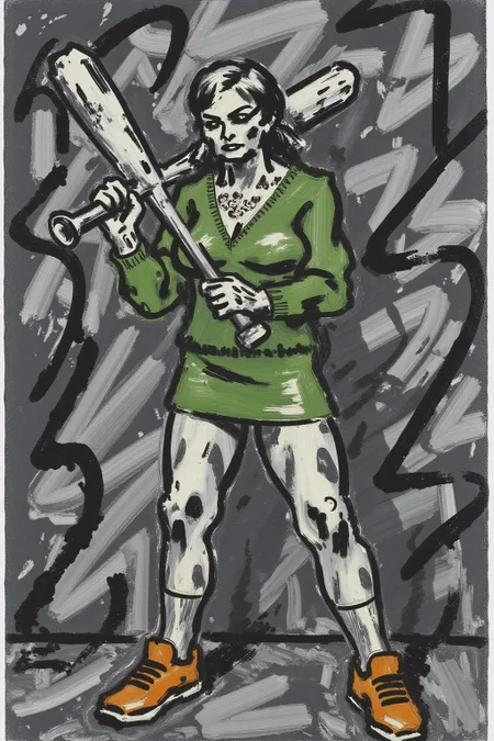 fraauer1 abstract painting. a monochromatic, abstract painting created with thick, bold brush strokes in shades of black and white on a dark gray background. 
 liquid splash, cartoonish juicy fruits chaos, dynamic pose, dynamic camera, a fashion shoot, an illustration of a woman threateningly holding a baseball bat in her hands, full body tattoo, wearing green short sweater, miniskirt, knee socks, orange sneakers, aggressive facial expression, wall with graffiti in the background, <lora:fraauer1_cap_d6a3:1.0><lora:811782801008574219:0>