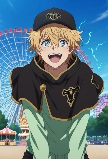 masterpiece, best quality, , anime screencap, , official style, , 1boy, solo, male focus, <lora:luck_voltia_ilxl:0.98>, luck_voltia, blonde hair, blue eyes, short hair, hair between eyes, electricity, capelet, panorama, amusement park, carousel, ferris wheel, midnight, (dynamic pose), laughing, Cargo joggers, Lavender Sateen Quatrefoil Half-zip sweater, , Snapback cap,