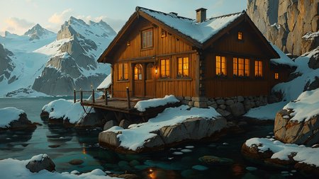 A Norwegian coastal cabin with panoramic fjord views, where cliffs plunge into icy waters,, Fluorescent Lighting,, fantasy, intricate, elegant, highly detailed, lifelike, photorealistic, digital painting, bokeh, HDR, high resolution, artstation, concept art, smooth, sharp, focus, art by krenz cushart and ilya kuvshinov and kehinde  <lora:MJ52:0.8>  <lora:EnvyFeverDreamXL01a:0.7>   <lora:The_Classic:0.8>