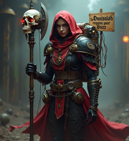 Long Shot of a tech-priest in a grimdark futuristic setting, wearing a red hooded robe adorned with skull symbols and mechanical gear, she has one robotic arm. She wields a large techno-axe with an industrial design, incorporating cogwheels and spikes. Her armor is black and gold, adorned with gothic elements such as skulls and purity seals. Her right eye is replaced by a cybernetic monocle, connected by cables to her mechanical backpack. A floating skull with glowing red eyes hovers beside her carrying a sign which reads in block print "The Omnissiah requires your Buzz", The overall mood is dark, mechanical, and gothic, with intricate machinery details and a powerful, stoic expressionp, cinematic, global illumination, dramatic, tearing the sky, atmospheric haze, cinematic composition, soft shadows, vaporous swirls,amazing quality, masterpiece, best quality, hyper detailed, ultra detailed, UHD, perfect anatomy, hyper-realism, majestic, awesome, inspiring