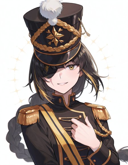 Volumetric Lighting, (masterpiece), (best quality), (ultra-detailed), masterpiece, source_anime, score_9, score_8_up, score_7_up BREAK, illustration, disheveled hair, detailed eyes, perfect composition, moist skin, intricate details, detailed eyes, detailed face, detailed fingers BREAK, yellow eyes, black hair,streaked hair, blonde hair, very long braid, single braid, scar across eye BREAK, BlazingSunOnTheRuins,BSR_epaulettes, BSR_shako_cap, def_eyepatch BREAK, (((white background))), looking at viewer, upper body, face focused,smile