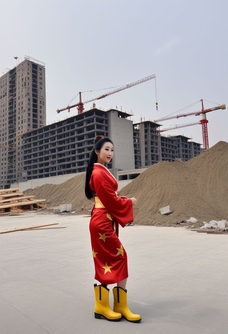 FOTOREALISTIC, long_straight black hair, beautiful chinese_lady, tall, red_chinese_kimono_with_yellow_stars, apartment_under_construction, tools, building_material, background window_Beijing with construction cranes, sexy_red_boots, score_9, score_8_up, score_7_up, score_6_up, score_5_up, score_4_up, UHD, 8K, masterpiece, ultra-realistic, Ultra detailed photorealistic background, photoreal, realistic high detailed beautiful face, anatomic correct bodies, ultra_high_resolution, Extremely Realistic, lots of detail, full_body_visible, emty_hands, hands_hidden.