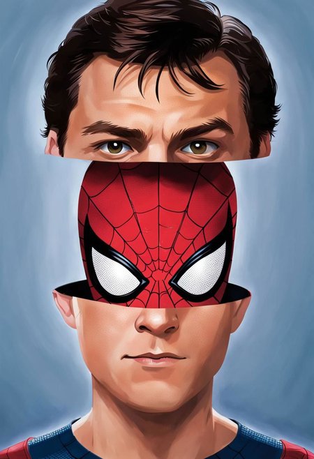 split, spider-man head inside Tobey McGuire head.
