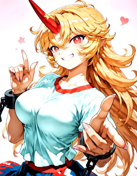 munakata_(sekimizu_kazuki):1.2,mogudan:0.7, hamada_yoshikazu:0.8 ,toriyama_akira_(style):1.1 ,touhou ,hoshiguma_yuugi , highres ,1girl ,black_skirt, blonde_hair, breasts ,bright_pupils ,cuffs ,horns,  long_hair ,looking_at_viewer, medium_breasts, open_mouth, red_eyes ,red_horns, shackles ,sharp_teeth ,shirt, short_sleeves ,simple_background ,single_horn ,skirt solo, star_(symbol), teeth, upper_body ,white_shirt, messy_hair , ^_^ ,fingernails ,grin ,hands,oni ,smile, solo,sharp_teeth,sharp_fingernails , <lora:touhou_146:0.5>,<lora:illustrious_noobai_epsilon_pred_1_best_quality_v1:0.7> ,<lora:illustrious_noobai_epsilon_pred_1_masterpieces_v1:0.7>, <lora:ponyv4_noob1_2_adamW:0.5>, <lora:add_details_xl:0.7>