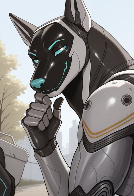 masterpiece,best quality,amazing quality, 1boy, solo, 4rchi3, robot dog, muscular, anthro, outdoors, close up, side angle, hand on chin, smirking at viewer,  