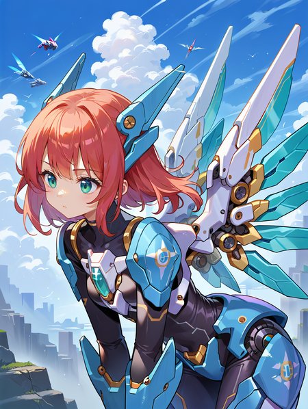 score_9, score_8_up, score_7_up,source_anime,
science fiction,floating, upper body, sky, leaning forward, 
mechagirl01,solo,mecha musume, 
1girl,mecha,bodysuit, armored core, 
 gloves,headgear,mechanical wings, 
 <lora:mechagirl-000002:0.7>
