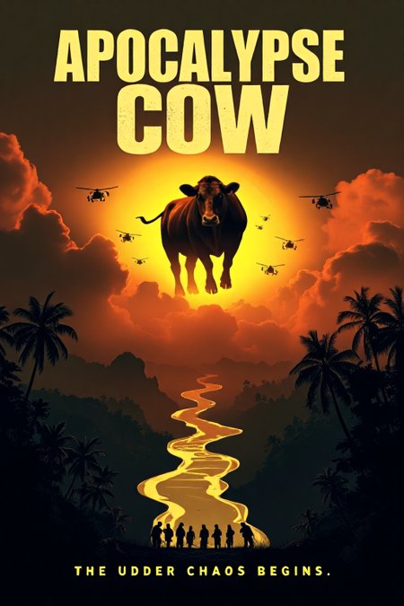 mvpstr. Movie poster for "Apocalypse Cow" features an intense, sunset-lit battlefield with thick, dark clouds. In place of helicopters, cows are flying across the sky, with one massive cow looming ominously in the center, casting a shadow over the landscape. Below, a river of milk winds through a jungle setting. The text "Apocalypse Cow" is in bold, distressed font at the top. At the bottom, a group of bewildered soldiers look up at the cows, while the tagline reads: "The Udder Chaos Begins." <lora:schnell_v1.0:1.0> <lora:EpicMoviePoster-000015:0.8>