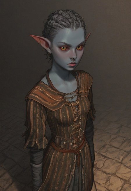 safe_pos, solo, short pointy ears, piercings, random elf face, aquiline features, female dark elf, brow rings, nose rings, beaded piercings, weathered skin, large nose, insect chitin armor, insect chitin helmet, insect chitin ornaments, stylized insect pattern, athletic build,  animated realism, zoomed out, Syrian features, torso, brass pipes and gears, intricate architecture, dwarven masonry, dwemer fixtures, white-green light, gloomy lighting, ancient ruins, interior, stone tiled floor, grey-blue skin, mahogany and ivory clothes, medium armor, bone plate armor, ivory straps and fittings, alien bone ornaments, grey wood neckguard, red sclera, black pupils, blue-green light, neon, highly detailed, defined features, looking at viewer, three quarters view, from above, dynamic lighting, 19 years old, light and shadows, patterned cloth, annoyed expression, expressive eyes, detailed medieval clothes, medium_breasts, short hair, wavy hair, thick hair, beaded hair, braided hair, under cut hair, semirealistic, alien elf, spanish features, jewish features, white grey hair, dark red hair, umber skin, sharp features, pastel green inuit print cloak, nighttime, high detail, absurdres, pretty eyes, detailed eyes, yellow eyes,