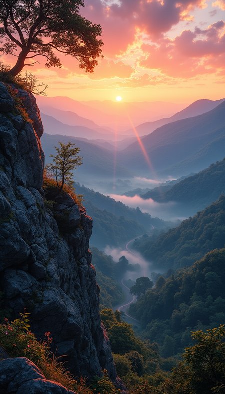 A breathtaking landscape showcasing a vibrant sunrise over rolling hills and dense forests. The foreground features rugged rock formations with patches of foliage, while the background reveals mist gently enveloping the lush valley below. Soft golden hues illuminate the sky, transitioning into deep blues, creating a serene atmosphere. The scene is infused with a sense of tranquility, enhanced by the subtle contrast between the warm light and the cool shadows. The composition emphasizes depth by leading the viewers eye through the winding road that cuts through the landscape, inviting exploration. Natures palette complements the calming mood, capturing the essence of early morning in a picturesque environment., ultra detailed, romantic, Rembrandt lighting, brush stroke, lovely, novuschroma, in the style of Rembrandt. del1cate_balance style, vantablack
  , dynamic pose
  

 
(Depth of field), low saturation,detail. mythp0rt, charismatic.

  

  