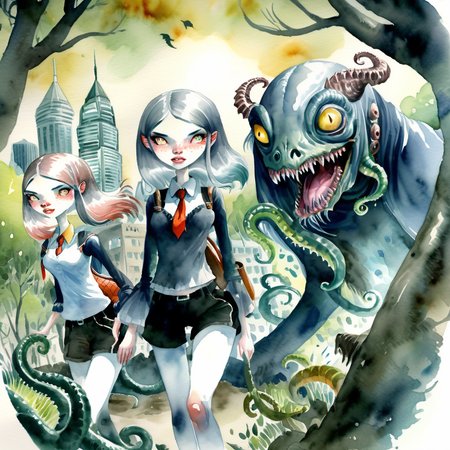 drawix3 demon girls in the city in the background of trees and a creature with tentacles, watercolor, very detailed <lora:drawix3:0.9>