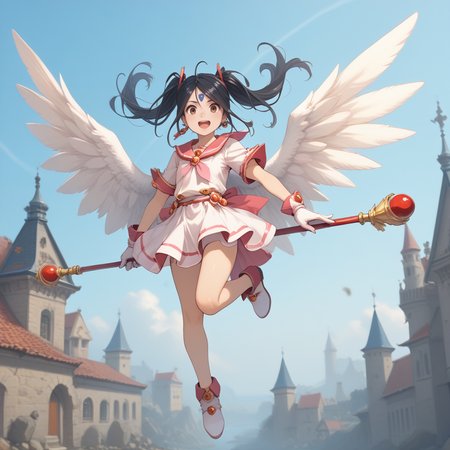 20yo, score_9,score_8_up,score_7_up,score_6_up, shiny oild skin, 
Skuld, open mouth, gloves, twintails, jewelry, full body, :d, earrings, white gloves, magical girl, staff,  castle night jumping dynamic poses On the roof upper body, gigantic angel wings, 
 <lora:Skuld:0.85> <lora:zy_Detailed_Backgrounds_v1:2>