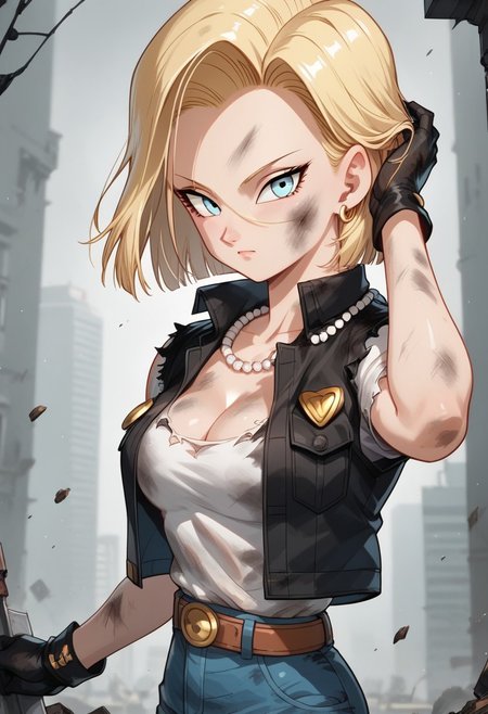 source_anime, score_9, score_8_up, score_7_up, anime screencap, high quality, 
android18, 1girl, solo, blonde hair, blue eyes, short hair,
outif2, pearl necklace, belt, denim, black jacket, sleeveless jacket, white shirt, black gloves,
looking at viewer, dirty clothes, hand in own hair, from side, torn sleeves, city in ruins, battlefield, particles, wind, cleavage