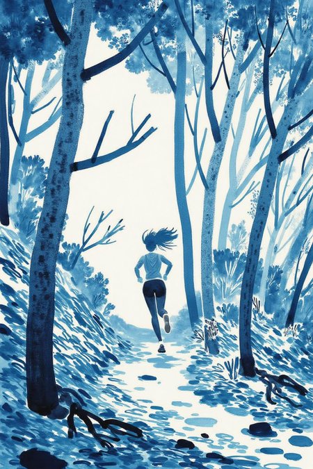 watercolor illustration.  
A forest scene. The main subject is a woman running through a forest. She is positioned in the center of the image, captured from behind, with her back to the viewer. She has long hair flowing behind her as she runs. <lora:minink1_cap_d6a3e12:1.0><lora:825123055329206624:0>