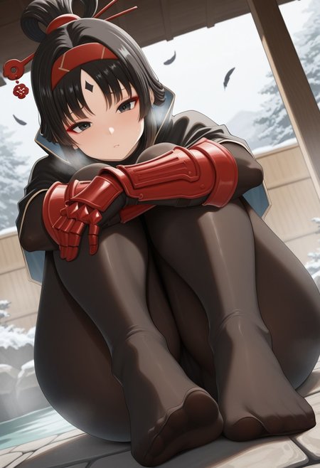 chomikuplus,  outdoors, undershirt, falling feathers, black bodysuit, hair stick, hugging knees, knees to chest, gauntlets, eyeshadow, red gloves, two sides up, black capelet, red hairband, black eyes, 1girl, solo, feet, visible breath, dynamic angle, foreshortening, smell, steam, onsen, water, 5 toes,