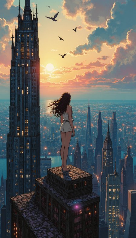 ghiblistyle,Anime style, A young woman stands on the precipice of a dilapidated high-rise building, her back to the viewer, gazing at a sprawling metropolis bathed in the ethereal glow of a diurnal sun. The camera angle is a vertiginous high-angle shot, emphasizing the dizzying height and the vastness of the city below. The image should evoke a sense of awe, solitude, and the liminal space between destruction and renewal. Render the city with hyperrealistic detail, juxtaposing the crumbling building with the vibrant, bustling city below. The color palette should be rich and saturated, with the warmth of the sun contrasting against the cool blues of the sky and water. Pay particular attention to the play of light and shadow, highlighting the textures of the decaying building and the bustling city. Include numerous birds soaring through the sky, symbolizing hope and freedom.  The woman's hair should be slightly windblown, and her posture should convey a sense of contemplative introspection.