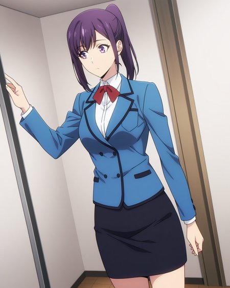(school uniform red bowtie blue blazer white shirt black skirt:1.50), 
sl-jinah, purple eyes, purple hair, bangs, ponytail, 
medium breasts, 1girl, (solo:0.60), skinny,
(masterpiece, highres, ultra-detailed,very aesthetic, best quality, absurdres, high quality, highres), 
,
,
(:0.90), 
BREAK,
,
,
<lora:sl-jinah-V01-illXL:0.70>