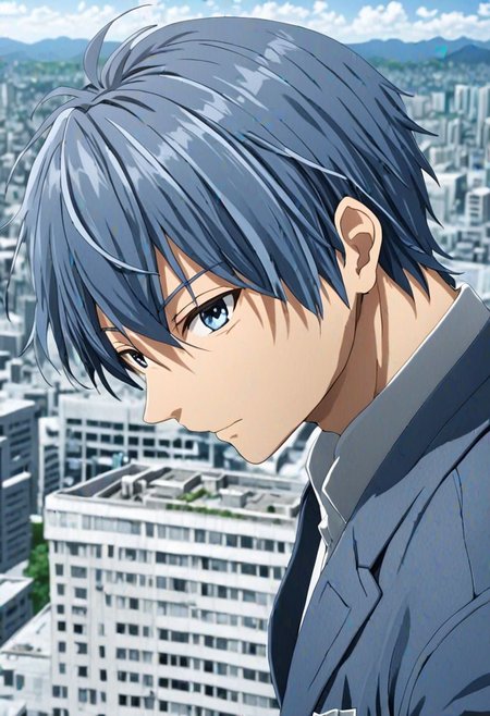 high resolution, solo, best quality, 1Boy, Tomoya Okazaki, Grey Blue Hair, high-rise, top of building, landscape, shallow depth of field, OverallDetail