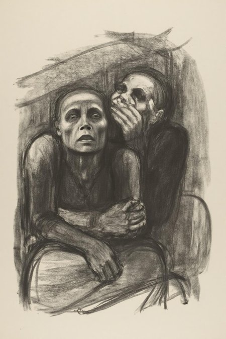 kako1 black and white charcoal drawing. A charcoal sketch portraying two individuals in a somber and introspective moment. The figures have gaunt, expressive faces, with one looking forward with hollow eyes and the other gazing upward pensively. The textured shading and rough lines convey an emotional depth, evoking a sense of struggle, despair, or contemplation. The artwork is monochromatic, with a raw and unpolished aesthetic that emphasizes the human condition. <lora:kako1_litho_nocap_d6a3:1.0><lora:814761420957834812:0>