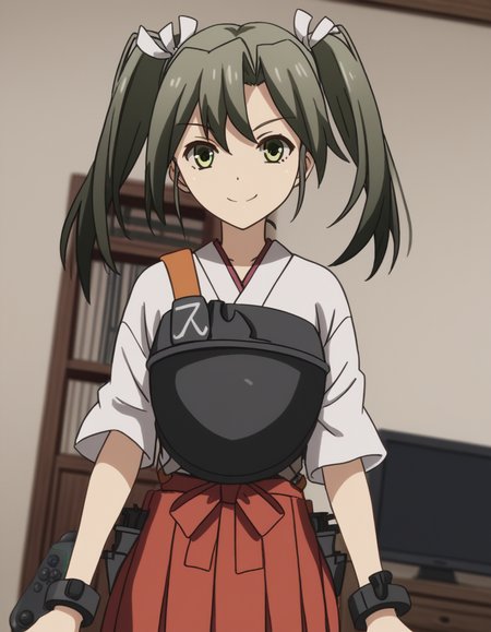 score_9, score_8_up, score_7_up, source_anime, <lora:kacolle-zuikaku-s1-ponyxl-lora-nochekaiser:1>, zuikaku, long hair, ribbon, twintails, green eyes, hair ribbon, zuikaku (kancolle), skirt, japanese clothes, muneate, red skirt, pleated skirt,, living room, video game, controller, competitive, fun, afternoon, smile, looking at viewer, v, smile, solo,, cowboy shot, dutch angle