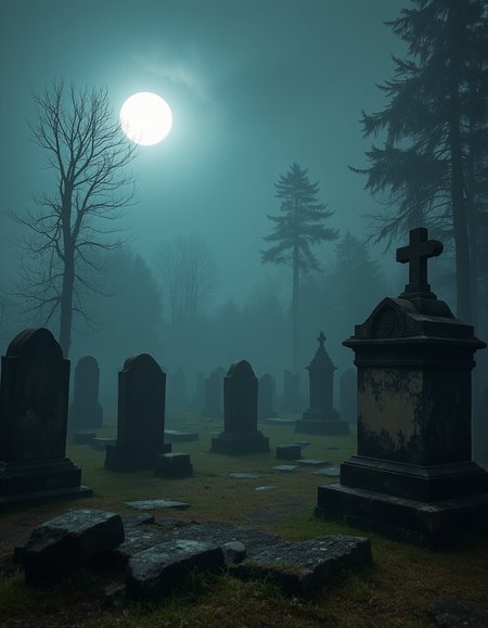 Imagine an image of an eerie, fog-filled graveyard with old, crumbling tombstones and a full moon overhead.