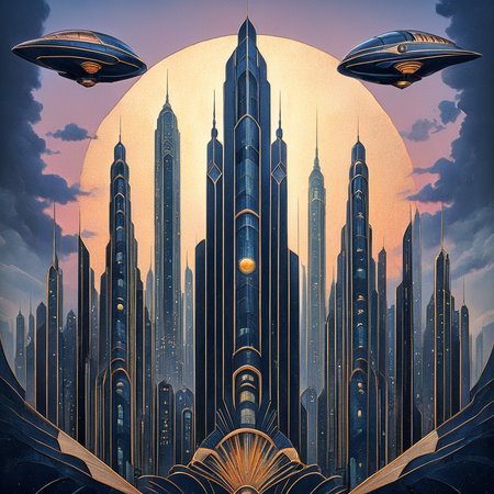 ArsMJStyle, Art Deco, <lora:add-detail-xl:1.2>,   <lora:Art_Deco:1>, The futuristic cityscape of Fritz Lang's "Metropolis," reimagined in classic Art Deco style, with soaring skyscrapers, zigzag patterns, and sleek flying vehicles set against a dramatic sunset sky.