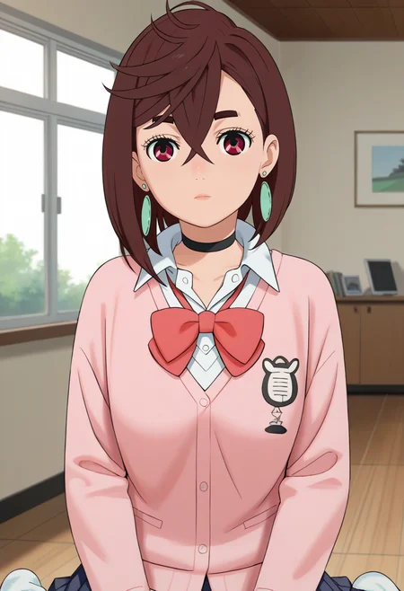 PonyXLV6_Scores,newest, masterpiece, best quality, 4k,
indoors,very aesthetic, detailed background, face focus, portrait,
1girl, solo,  <lora:momo_ayase - pony:1>ayase_momo,brown hair, hair between eyes, short hair, red eyes, black choker, earrings, jewelry, thick eyebrows,pleated_skirt, bowtie, school_uniform, pink_cardigan, loose socks,white_socks, shoes,