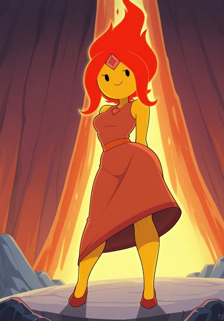 masterpiece, best quality, newest, absurdres, highres, 1girl, amazing quality, good lighting, 1girl, solo,yellow skin, red hair, red dress, medium hair, red fiery hair,  flameprincessILL looking at viewer, dynamic angle, foreshortening, black eyes, cartoon, source_CARTOOn, slimthick, fit, smiling, flame princess from adventure time, full body, hand behing back, inside a volcano, standing on rock, sfw, safe for work, safe_pos
