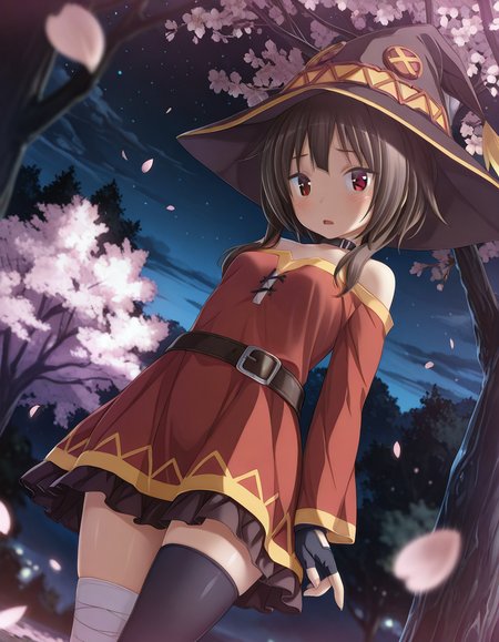 masterpiece, absurdres, best quality, aesthetic, 2.5d, semirealistic, moonlight, megumin, konosuba, red dress, off-shoulder dress, short hair with long locks, single thighhigh, fingerless gloves, witch hat <lora:KatsuPS_IllXL:1> BREAK KatsuPS, 1girl, cherry blossoms,  solo, blush, brown hair, night, red eyes, small breasts, breasts, petals, looking at viewer, open mouth, bow, dutch angle, tree, outdoors, skirt, long sleeves, sky, blurry, depth of field, frills, dress, night sky