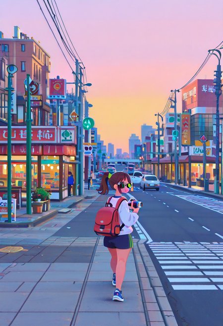 Masterpiece, high quality, ultra-detail, 8K resolution, sharp focus, 2d, (flat color, no lineart, Flatline, Flat vector illustration),
1cute girl, chubby girl, happy,  glasses, green eyes, dark brown hair, no bangs, ponytail,  with a backpack, turist, walking, camera, Japanese Suburbs, shop, scenery, outdoors, road, sign, building, street, road sign, city, power lines, utility pole, traffic light,crosswalk, lamppost, sidewalk, cityscape, side view