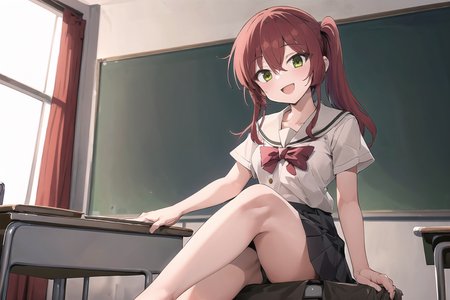 (masterpiece:1.2), (best quality:1.2),1girl, solo,kita ikuyo, side ponytail, (classroom:1.2), smile, open mouth,(sitting:1.2),