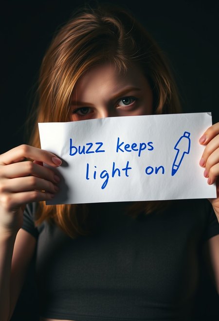 The photo depicts a ginger 18yo girl beautiful holding a piece of paper that's covering her face, handwritten the text: "buzz keeps the light on" with a hand drawing symbol of lighting on the side. The ink is blue like a pen. The focus is on the note. The background is dark with low light. The girl is wearing a crop top (maximum ultra high definition image quality and rendering:3),  (((ultra realist style))), realist side lighting, , 8K high definition,  realist soft lighting, (amazing special effect:3.5).